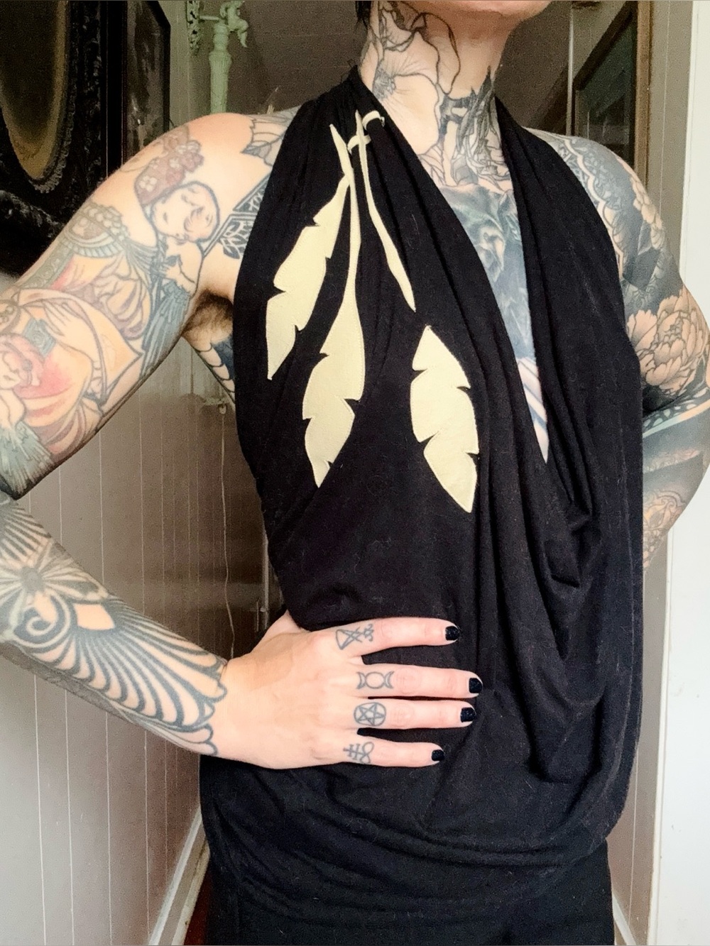 Sacred Empire Feather Appliqué Halter Top | Open Back | Festival Burner
